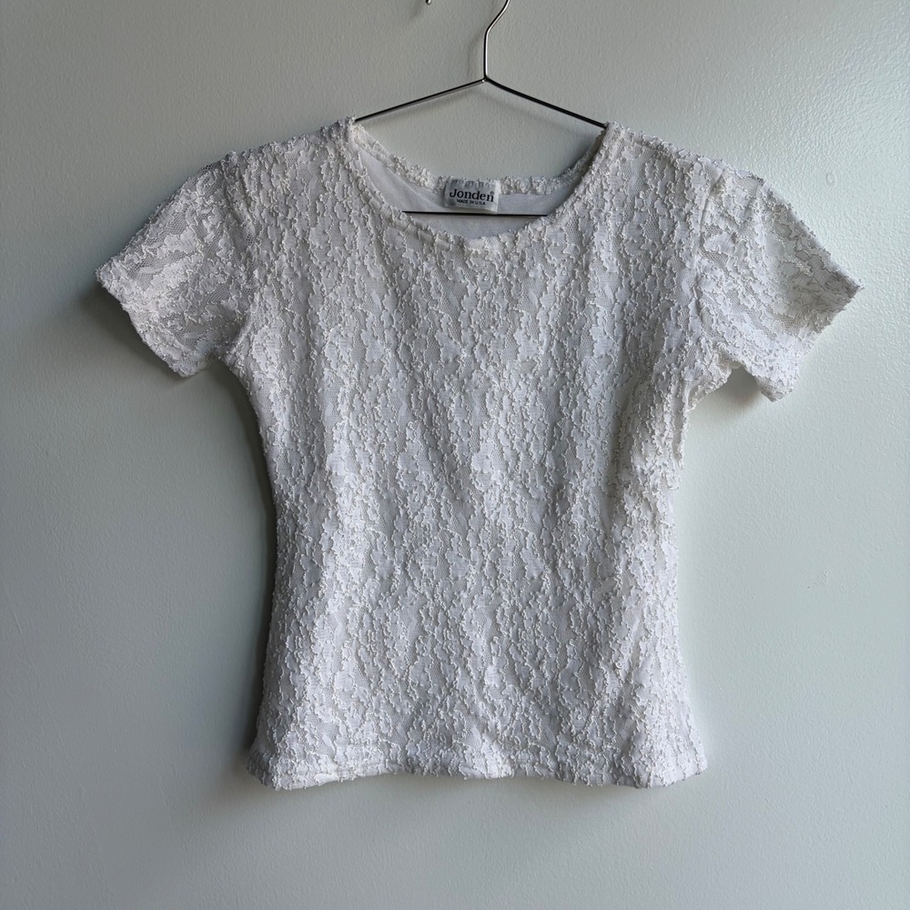 Jonden White Textured Lace Short Sleeve Blouse Made in USA